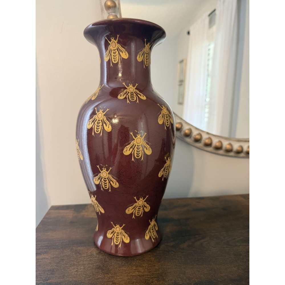 Andrea Sadek Bee Motif Vase Burgundy Gold French Country Cottage Decor